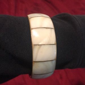 mother of pearl & brass bangle bracelet wide ethnic artisan handmade Vintage